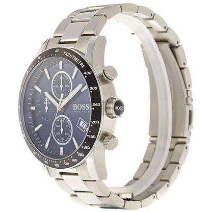 Hugo Boss Rafale watch shown at angle displaying blue dial and stainless steel bracelet detail