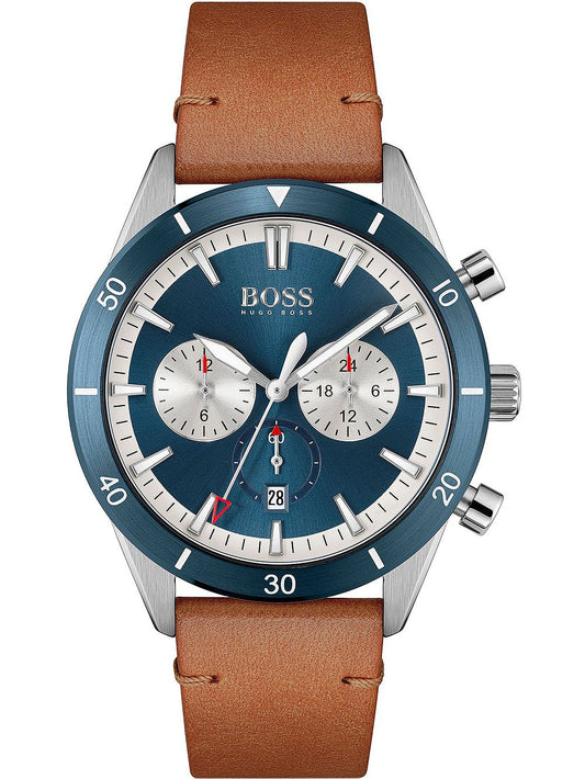 Hugo Boss Santiago chronograph watch with blue dial and tan leather strap