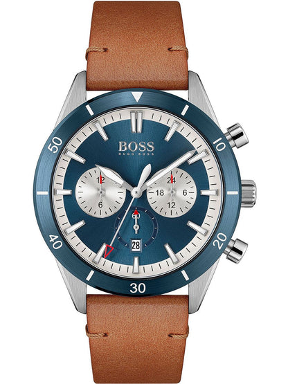 Hugo Boss Santiago chronograph watch with blue dial and tan leather strap