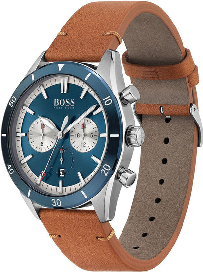Hugo Boss Santiago watch side view showing tan leather strap and case profile