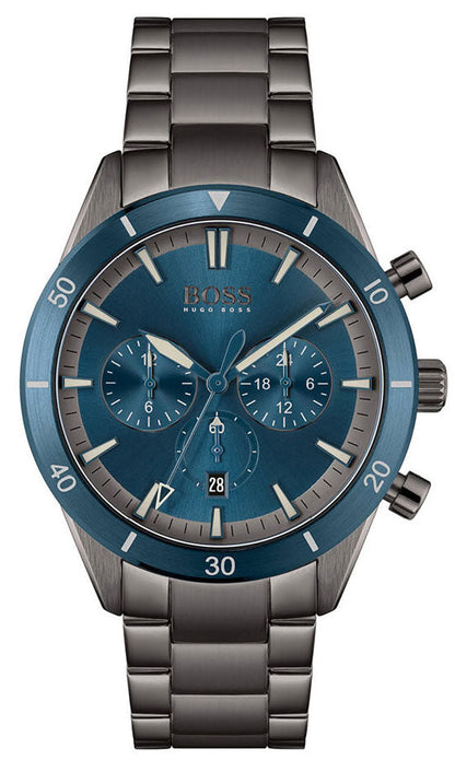 Hugo Boss Santiago grey chronograph watch with blue dial and stainless steel bracelet