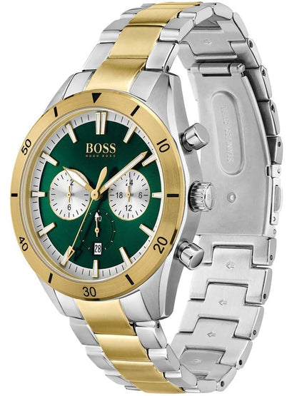 Hugo Boss Santiago two-tone chronograph watch displayed at angle showing side profile