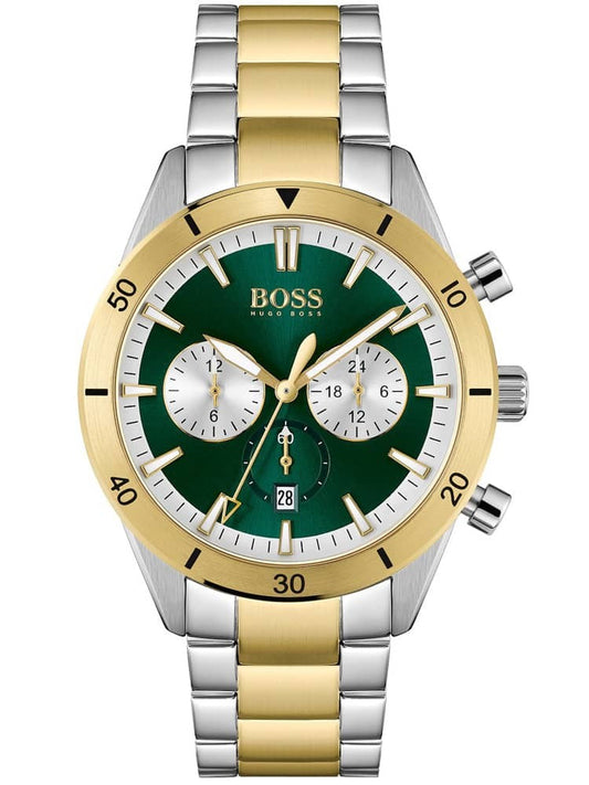 Hugo Boss Santiago two-tone chronograph watch with green dial and silver subdials