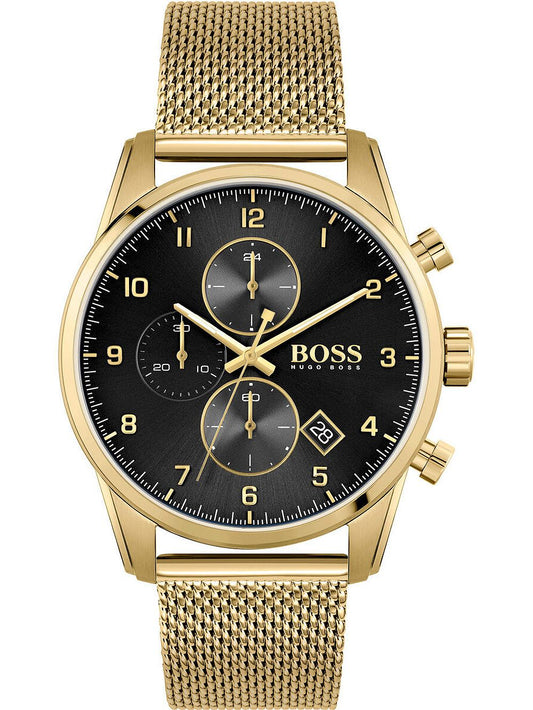 Hugo Boss Skymaster gold mesh chronograph watch with black dial and gold hands