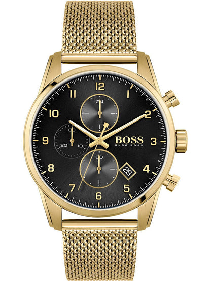 Hugo Boss Skymaster gold mesh chronograph watch with black dial and gold hands