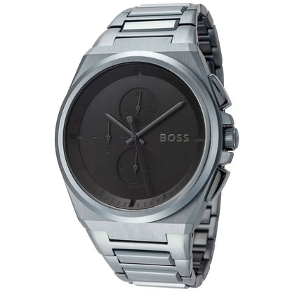 Hugo Boss Steer chronograph watch side view showing metal strap and case
