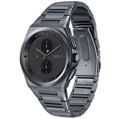 Hugo Boss Steer chronograph watch side profile with metal bracelet