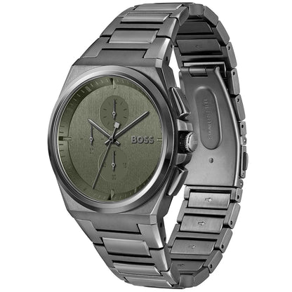 Hugo Boss Steer chronograph watch with grey dial displayed at angle showing bracelet detail