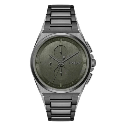Hugo Boss Steer chronograph watch with grey dial and grey steel bracelet, front view