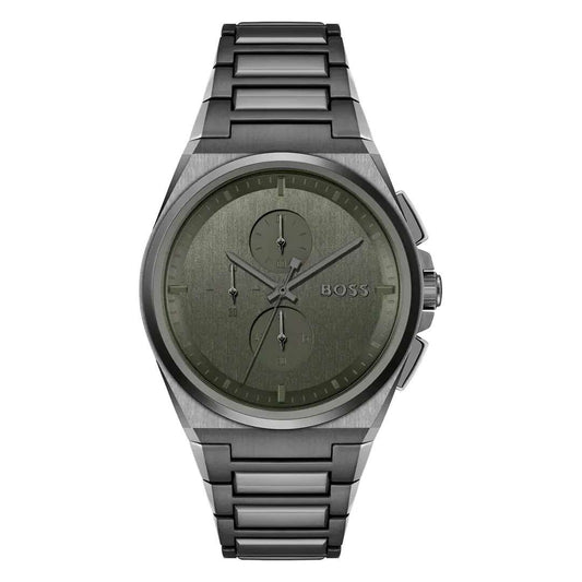 Hugo Boss Steer chronograph watch with grey dial and grey steel bracelet, front view