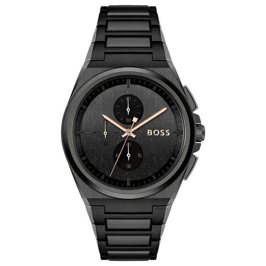 Hugo Boss Steer chronograph men's watch with black dial and rose gold hands