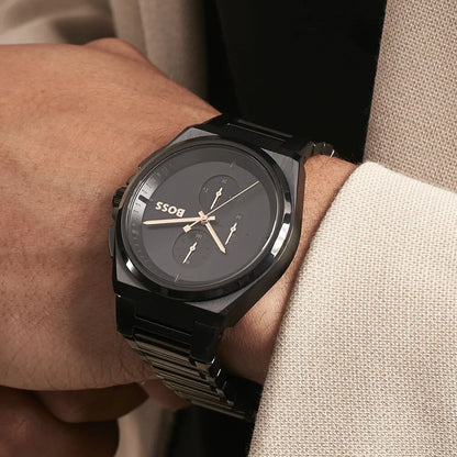 Hugo Boss Steer chronograph watch worn on wrist with black dial and strap