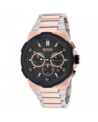 Hugo Boss Supernova chronograph watch angled view showing two tone steel and rose gold bracelet