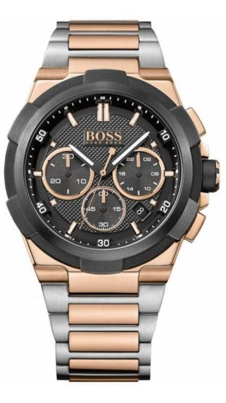 Hugo Boss Supernova chronograph watch with black dial and two tone rose gold steel strap