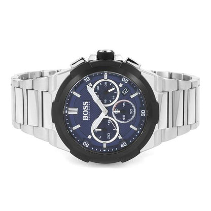 Front angle view of Hugo Boss Supernova chronograph with three subdials