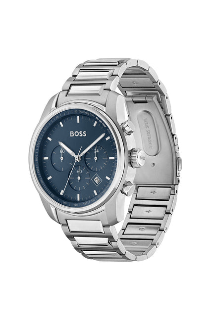 Hugo Boss Trace watch shown from angled view displaying dial and stainless steel bracelet