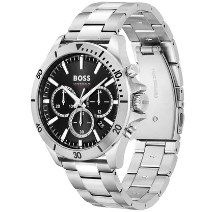 Hugo Boss Troper chronograph watch angled view showing black dial and silver metal strap