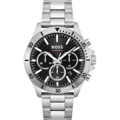 Hugo Boss Troper chronograph watch with black dial and silver stainless steel bracelet
