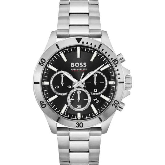 Hugo Boss Troper chronograph watch with black dial and silver stainless steel bracelet