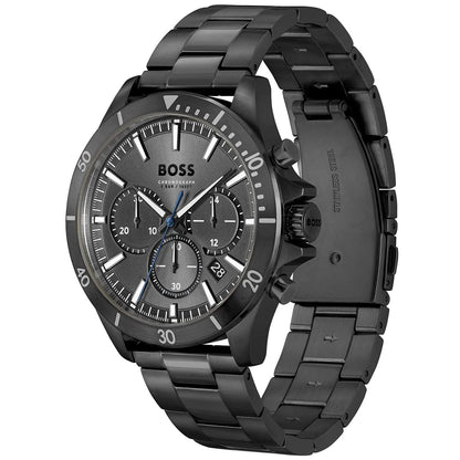 Hugo Boss Troper chronograph watch displayed at angle showing dial and black metal strap