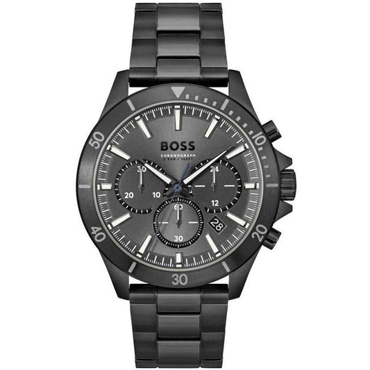 Hugo Boss Troper black chronograph watch with black dial and stainless steel bracelet