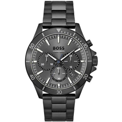 Hugo Boss Troper black chronograph watch with black dial and stainless steel bracelet