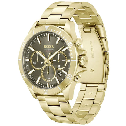 Hugo Boss Troper chronograph watch angled view showing gold case and bracelet
