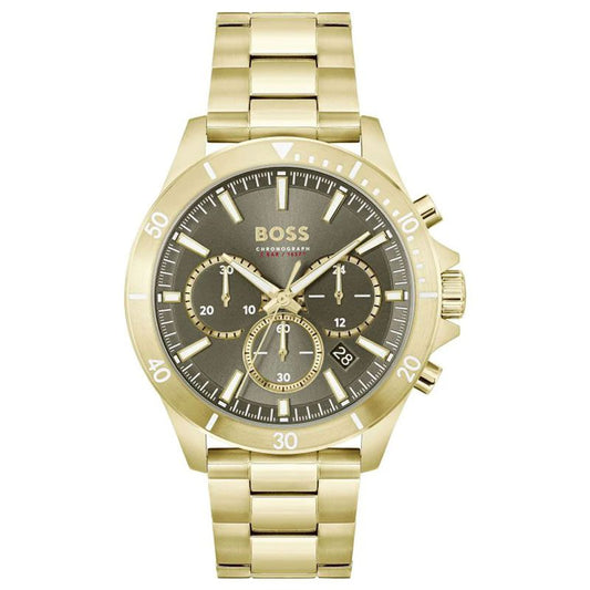 Hugo Boss Troper gold chronograph watch with grey-green dial and gold steel strap