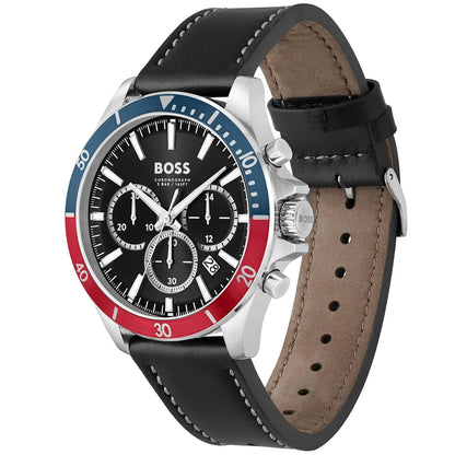 Hugo Boss Troper watch shown at angle with black leather strap and visible chronograph subdials