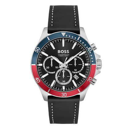 Hugo Boss Troper chronograph watch with black dial, blue and red bezel, silver case, and black leather strap
