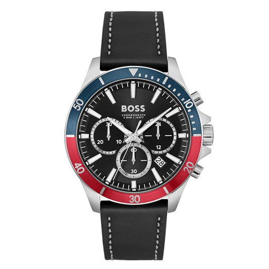Hugo Boss Troper chronograph watch with black dial, blue and red bezel, silver case, and black leather strap