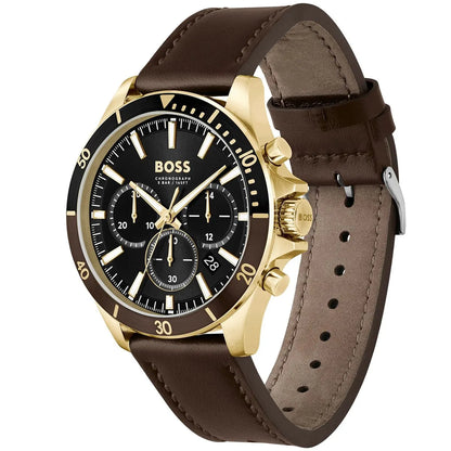 Hugo Boss Troper watch at angle showing brown leather strap and case side