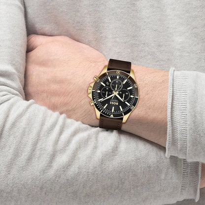 Hugo Boss Troper chronograph watch worn on wrist with brown leather strap