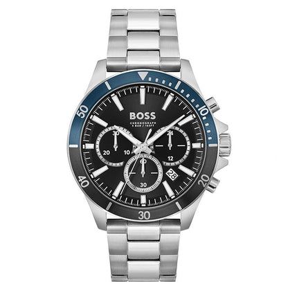 Hugo Boss Troper chronograph watch with black dial, blue bezel, and silver stainless steel bracelet