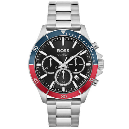 Hugo Boss Troper chronograph watch with black dial and blue/red bezel, silver metal strap