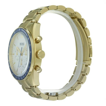 Side profile of Trophy chronograph watch showing gold link bracelet and case details