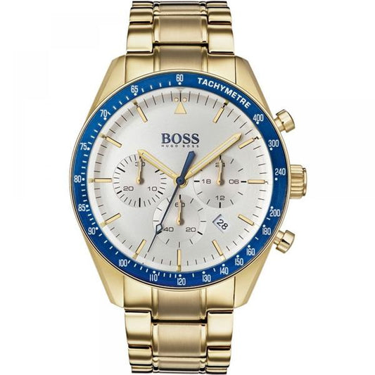 Hugo Boss Trophy gold chronograph watch with white dial and blue tachymeter bezel