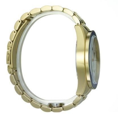 Side view of Trophy chronograph watch with solid gold-tone case and bracelet