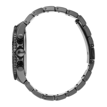 Angled view of black steel bracelet showing link construction and BOSS branding