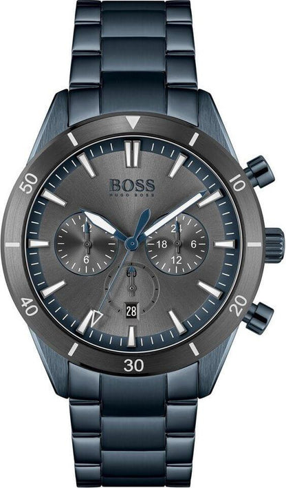Hugo Boss Trophy chronograph watch with black dial, grey subdials, and black steel bracelet