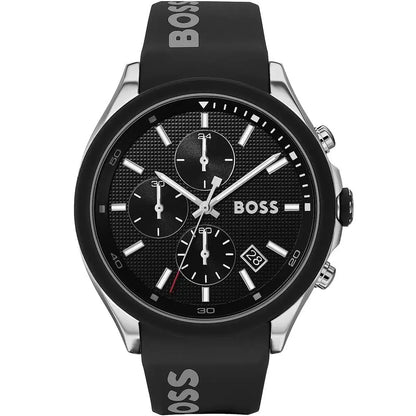 Hugo Boss Velocity men's chronograph with black textured dial and silver case on black strap