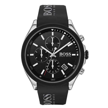 Hugo Boss Velocity chronograph watch with black dial and three sub-dials on black rubber strap
