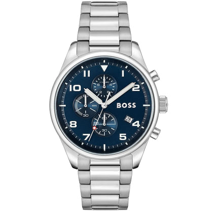 Hugo Boss View men's chronograph with blue dial, silver metal strap, and multi-function subdials