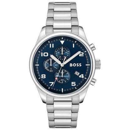 Hugo Boss View chronograph watch with blue dial and silver steel bracelet
