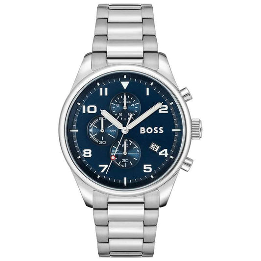 Hugo Boss View chronograph watch with blue dial and silver steel bracelet