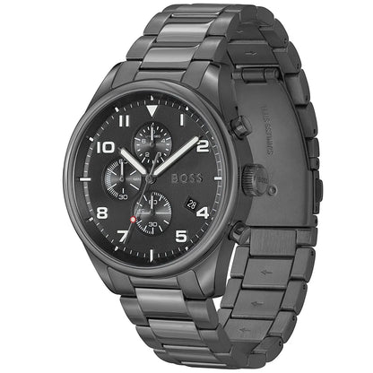 Hugo Boss View Chronograph grey steel watch three-quarter view