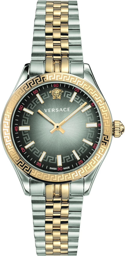 Versace men's watch featuring a two-tone silver and gold metal bracelet, a gold-tone Greek key bezel, and a dark gray dial with gold hands and indices.