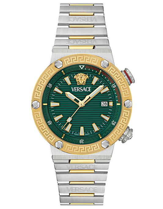 Versace Greca Logo Diver Quartz Green Dial Two Tone Steel Strap Watch for Men - VE8G00524