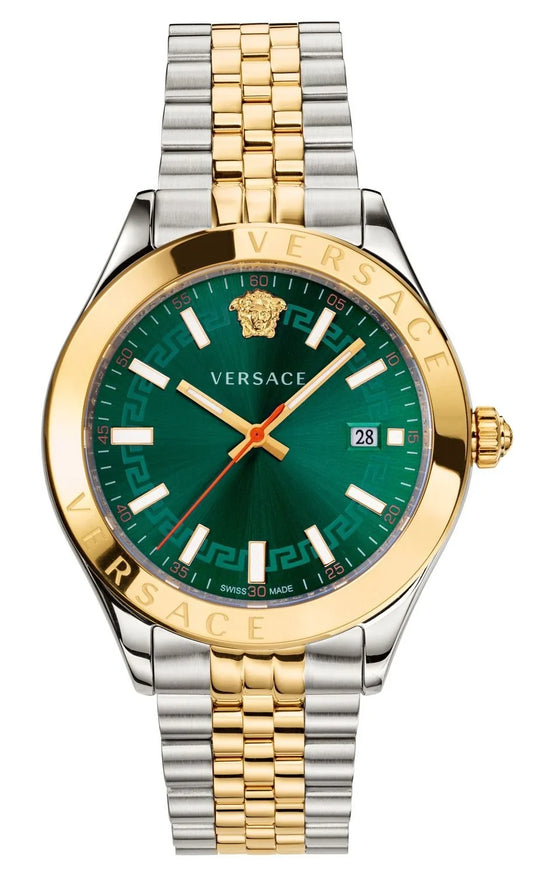Versace watch with green face, gold and silver band on white background