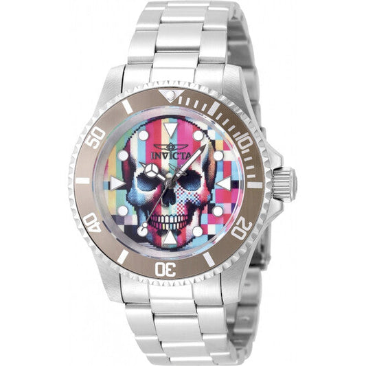 Invicta Pop Art Limited Edition men's watch with colorful pop art skull dial and stainless steel bracelet